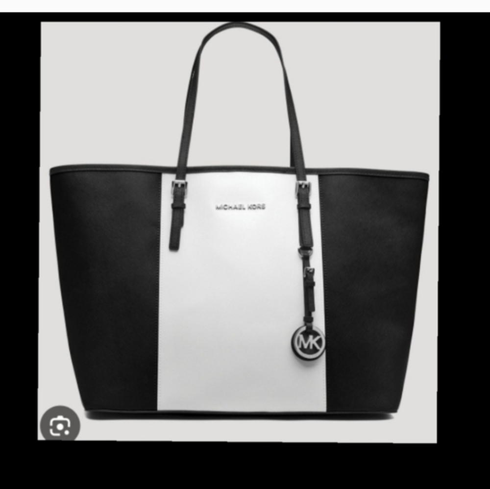 Michael Kors Large Tote Bag Black White Logo Shoulder Purse Travel Work Classic
